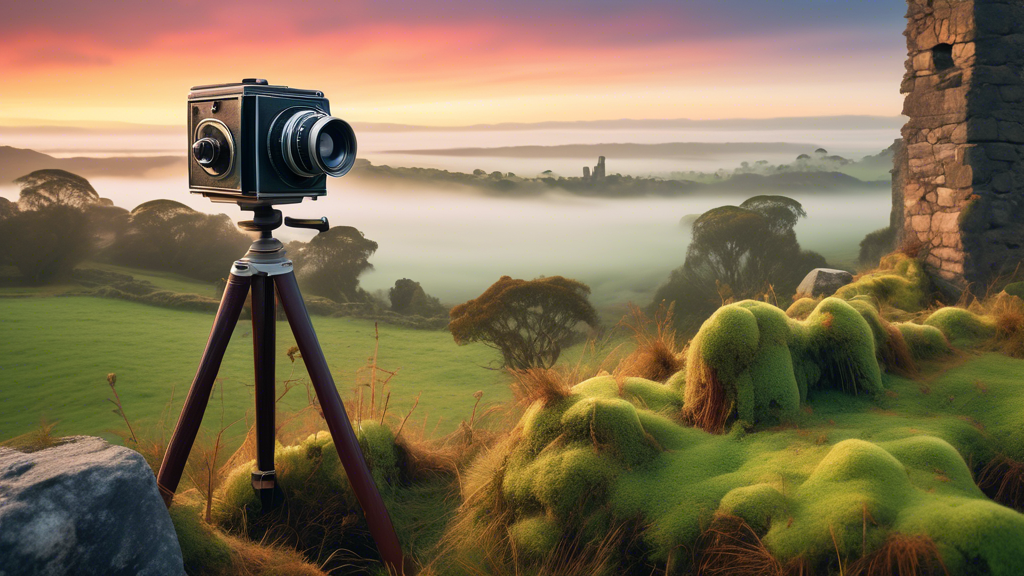 A vintage camera on a tripod overlooking a misty, rolling landscape at dawn, with the ruins of an old stone building overgrown with moss and vines in the foreground, in the wild and scenic countryside