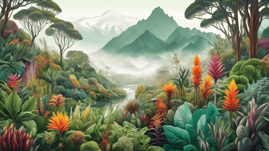 An experienced photographer capturing a vibrant, detailed image of diverse and adapting New Zealand flora on a foggy morning, showcasing unique species resilient to climate change, with a backdrop of 