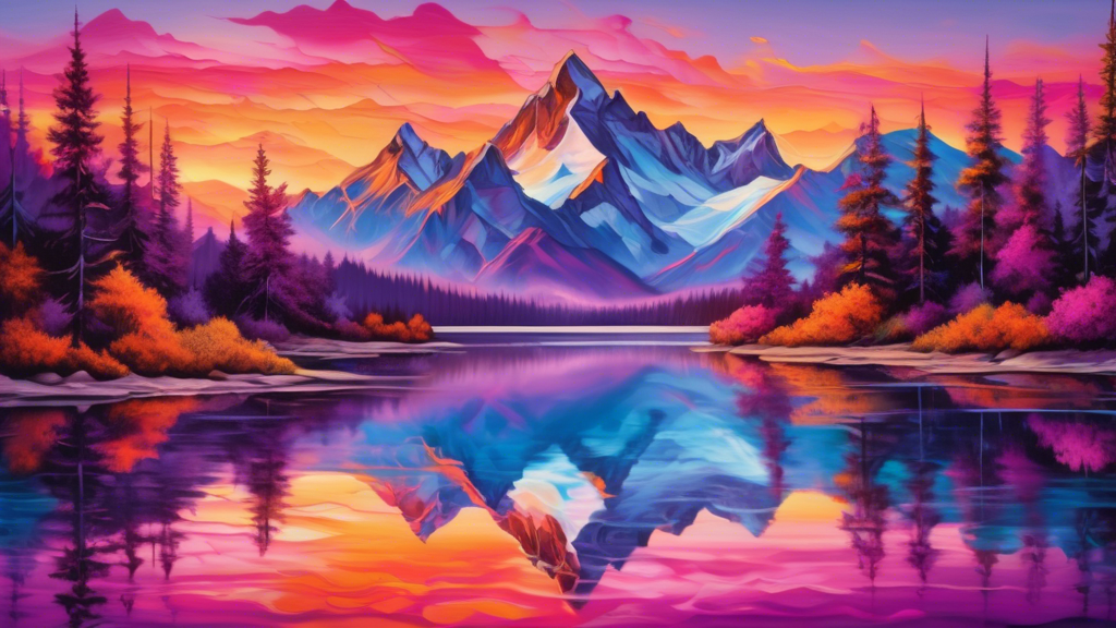 A breathtaking landscape captured in vivid detail on an acrylic print: a serene mountain range with a crystal-clear lake reflecting the peaks, a colorful sunset painting the sky in a gradient of orang