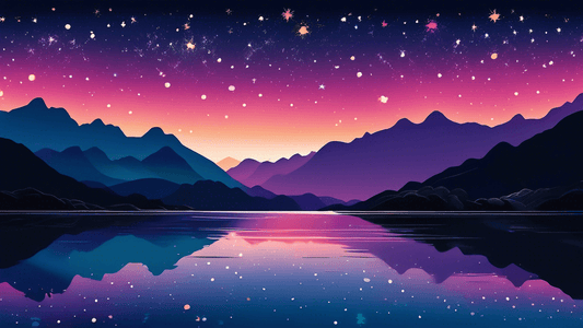 Serene nocturnal landscape of New Zealand under a twilight sky, featuring calm waters reflecting the last hints of sunset, surrounded by silhouetted mountains and a vibrant array of stars overhead.