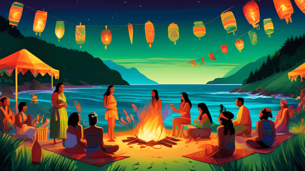 A vibrant digital painting illustrating a midsummer solstice celebration in New Zealand, featuring Maori cultural elements, people enjoying a bonfire on a beach, lanterns in the twilight, and the scen