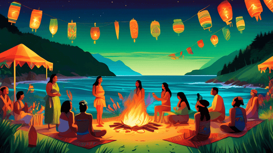 A vibrant digital painting illustrating a midsummer solstice celebration in New Zealand, featuring Maori cultural elements, people enjoying a bonfire on a beach, lanterns in the twilight, and the scen