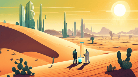 A futuristic scene depicting a team of scientists using advanced technology to extract water from the air in a vast, arid desert landscape, with cacti and sand dunes under a bright sun.