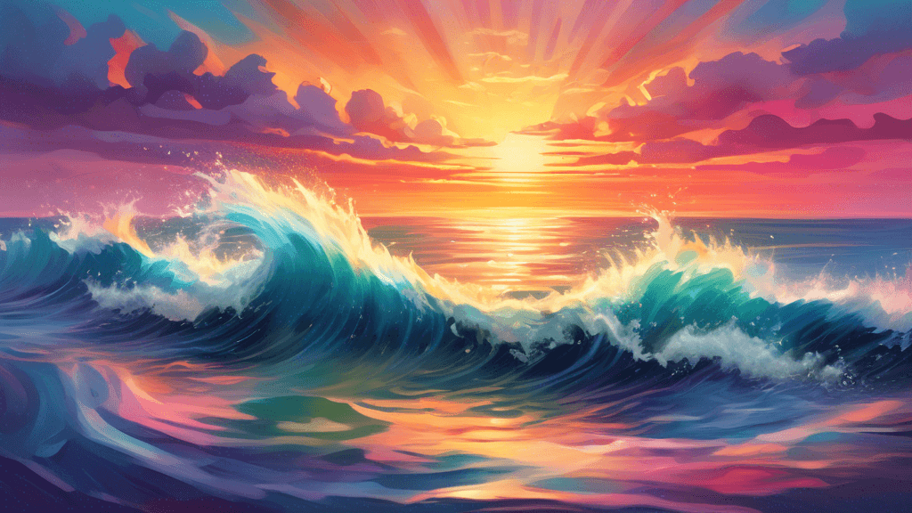 An artistic representation of a beautiful coastal landscape at sunset, with soft light reflecting on the water, where each wave crashing against the shore transforms into a musical note and flows into