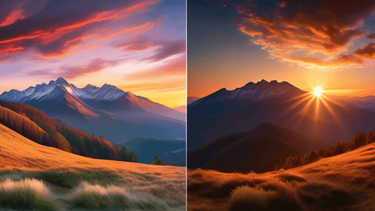 A panoramic landscape photograph illustrating a stunning sunrise over a mountain range, with a progression of images from left to right showing the improvement in photography techniques. The first ima