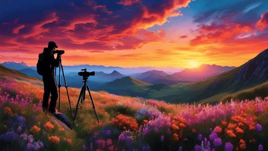 A panoramic serene landscape photograph depicting a breathtaking sunset over a mountain range with a photographer in silhouette, setting up a tripod-mounted camera, capturing the scenery under a vibra