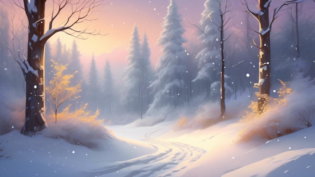 An enchanting winter landscape at dusk, featuring a serene, snow-covered forest with softly falling snowflakes, a winding path leading into the distance, and gentle glimmers of golden light from a set