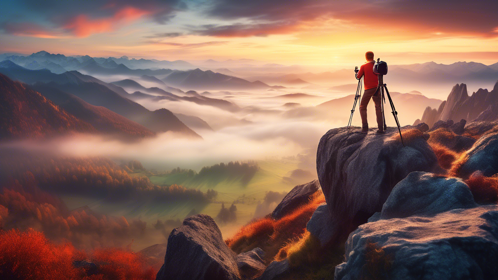 An award-winning photographer standing on a rocky mountain peak, surrounded by a breathtaking panoramic view of a misty valley at sunrise, with a camera on a tripod, capturing a vibrant, high-resoluti