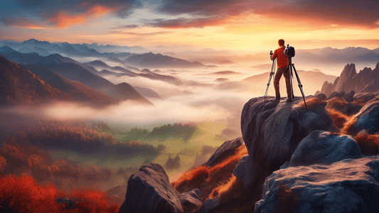 An award-winning photographer standing on a rocky mountain peak, surrounded by a breathtaking panoramic view of a misty valley at sunrise, with a camera on a tripod, capturing a vibrant, high-resoluti