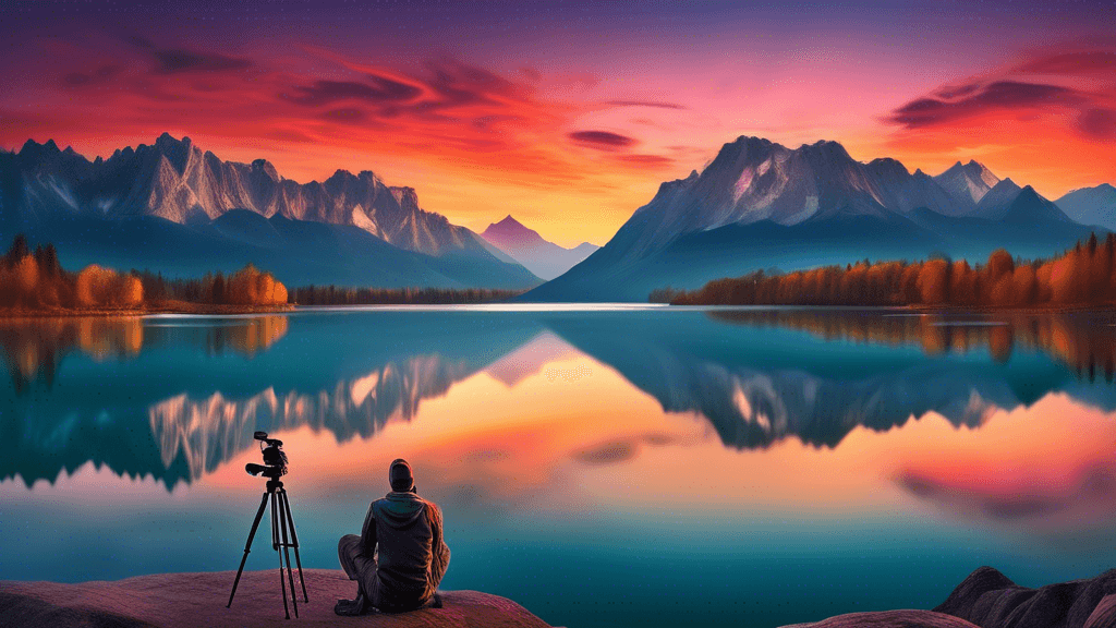 A panoramic, breathtaking landscape photograph showcasing a serene lake, surrounded by majestic mountains under a vibrant sunset sky, with a photographer in the foreground setting up a tripod and came