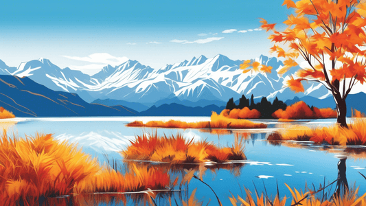 Vibrant autumn foliage reflecting in a serene lake with snow-capped mountains in the background, under a clear blue sky in New Zealand.