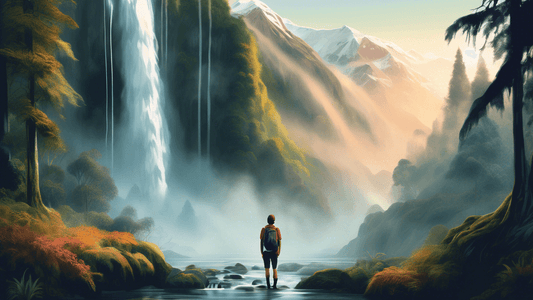 An enchanting digital painting of a hiker standing in front of a cascading waterfall, surrounded by ancient forests and misty mountains, capturing the serene wilderness of New Zealand at sunrise.