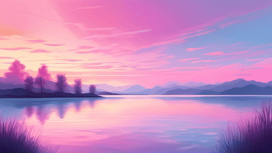 Peaceful landscape at sunset, featuring pastel-colored skies with shades of pink, purple, and light blue, gently reflecting over calm, soft waters in a serene, untouched natural setting.