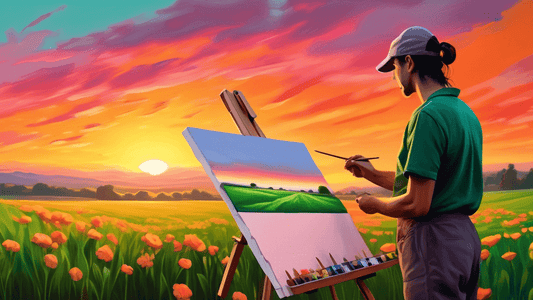 An artist painting a serene landscape on a canvas, from a low-angle perspective, showcasing lush green fields under a vibrant sunset sky, with a detailed focus on foreground flowers, in a hyper-realis