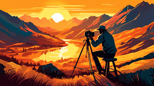 An artist with a camera skillfully adjusting a large reflector to capture the golden sunlight on a breathtaking mountain landscape during sunset, emphasizing the vibrant colors and dramatic shadows in