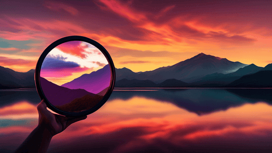 Reflection of a breathtaking sunset over a mountain range in a large handheld mirror, held by an unseen photographer, beautifully blending the natural landscape with artistic human intervention.