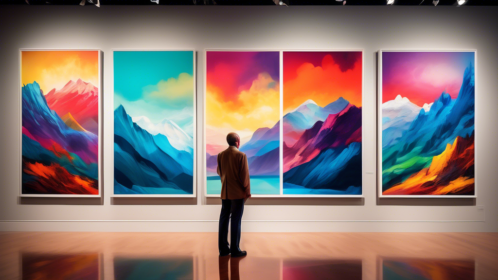 An art collector meticulously examining a series of stunning landscape photographs displayed in a bright, modern gallery, with a variety of breathtaking scenes from mountains to seascapes, captured in