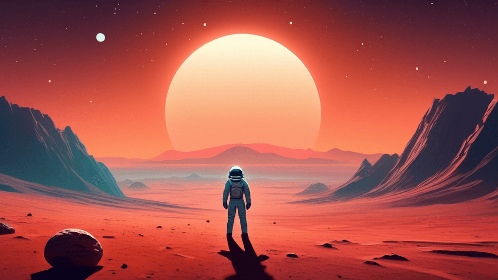 An ethereal minimalist landscape of a vast, empty Martian plateau under a star-filled sky, featuring a lone astronaut in the distance observing the horizon, with the Earth visible in the background.