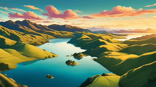 Stunning aerial view of the lush, rolling hills and pristine lakes of New Zealand at sunrise, showcasing the breathtaking natural beauty and diverse landscapes, with a photographer in the foreground c