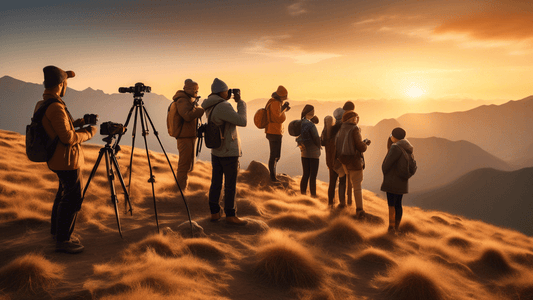 A serene mountain landscape illuminated by golden sunrise light, with a small group of photographers lined up on a hill, each with a camera on a tripod, focused on capturing the perfect shot. The fore