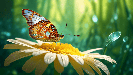 Close-up image of a vibrant butterfly resting on a dew-covered daisy, showcasing intricate wing patterns and delicate flower details, in a lush green forest background, with soft morning light filteri