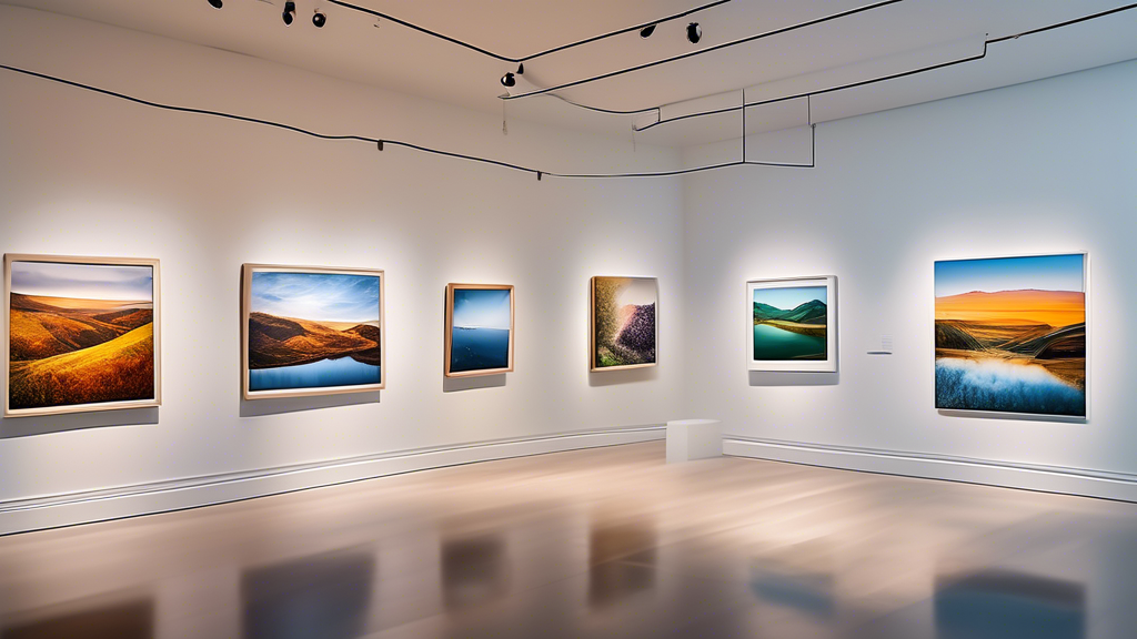 An elegant art gallery showcasing a diverse collection of stunning landscape photographs from around the world, each piece illuminated by soft, sophisticated lighting, attended by art collectors and p