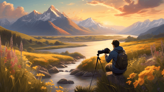 An artist with a camera overlooking a breathtaking landscape during sunrise, carefully adjusting the settings on the camera, with a focus on leading lines, framing, and the golden rule of thirds in th