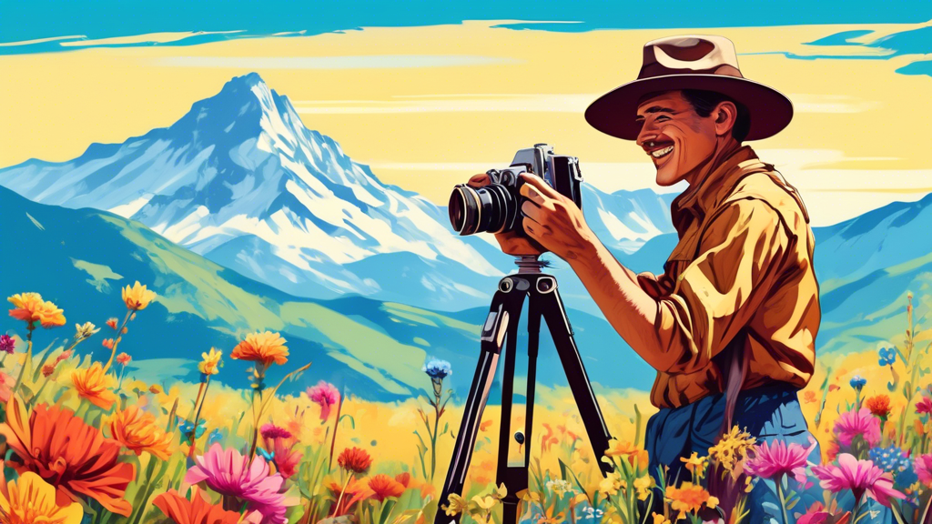 An enthusiastic photographer in a wide-brimmed hat adjusting a vintage camera on a tripod among vibrant wildflowers with a distant mountain range under a bright blue sky, encapsulating the essence of 