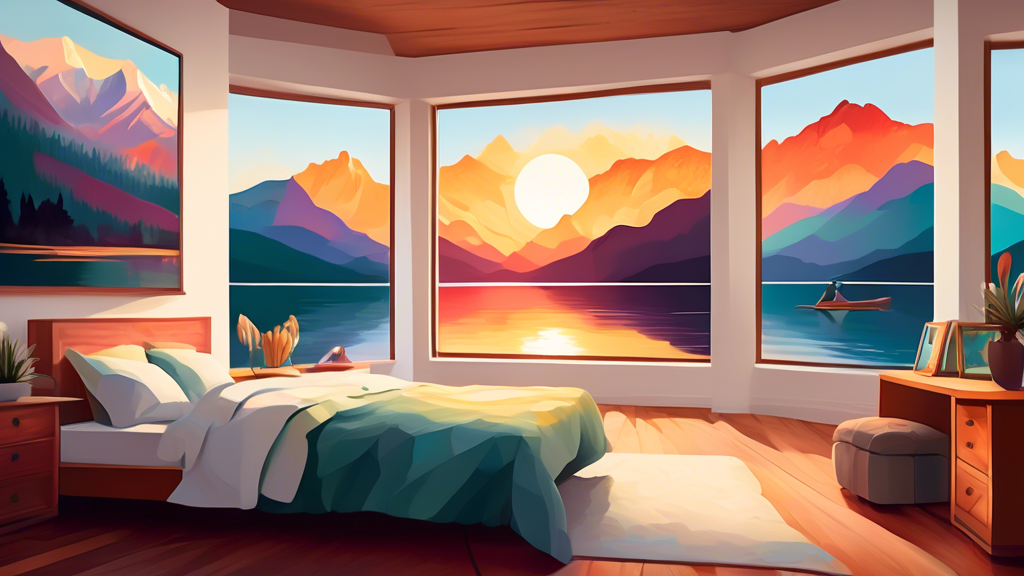 An artistically styled room with white walls showcasing an exclusive gallery of limited edition landscape prints, each frame delicately lit, featuring serene mountains, vibrant sunsets, and peaceful l