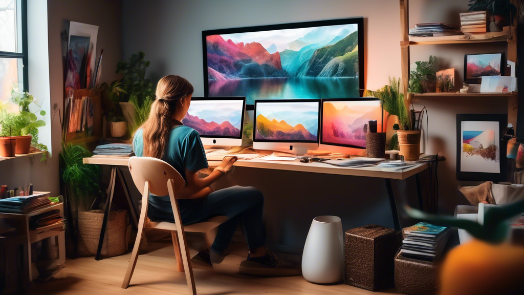 An artist sitting at a modern computer in a cozy, well-lit studio, designing stunning landscape photographs to upload on a Print-on-Demand (POD) service website, with various framed landscape photos i