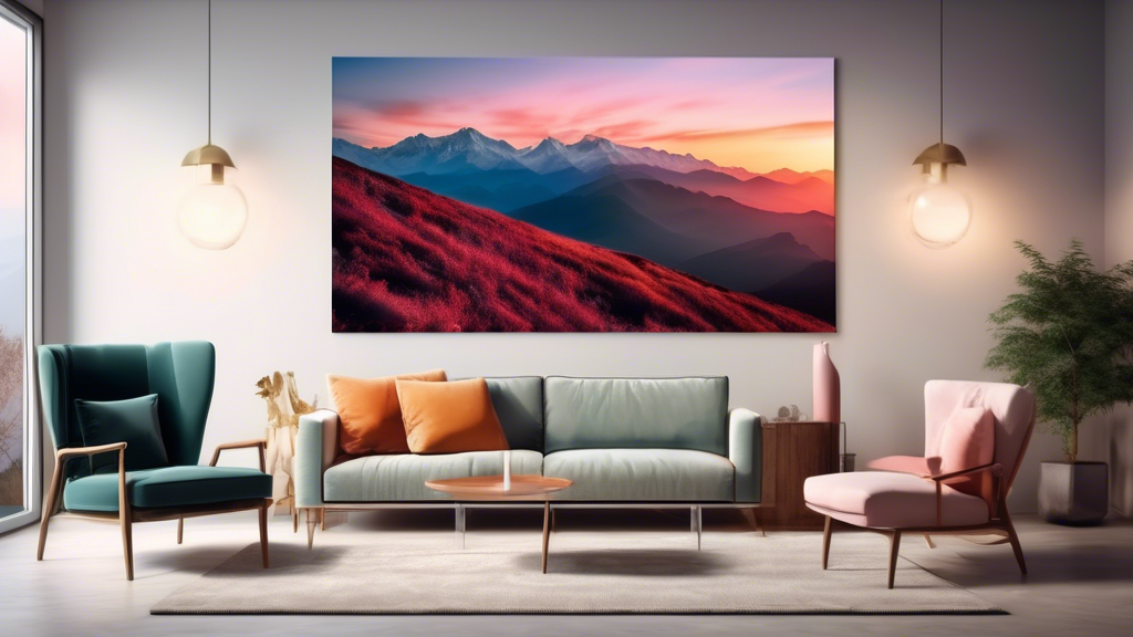 Stunning landscape photography of a mountain range during sunset, vividly printed on a large acrylic glass, displayed in a modern living room with minimalist decor.