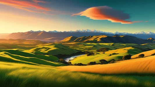 Vibrant panoramic view of the vast New Zealand landscape featuring rolling green hills, majestic mountains, and clear skies, captured during golden hour to highlight the natural beauty and grandeur of