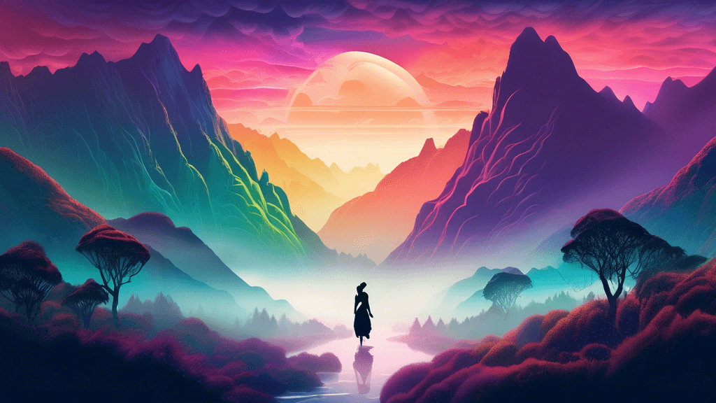 Create an enchanting digital artwork of a mystical landscape in New Zealand, featuring ethereal lighting and fog, with a legendary Maori figure silhouetted against a backdrop of towering mountains and