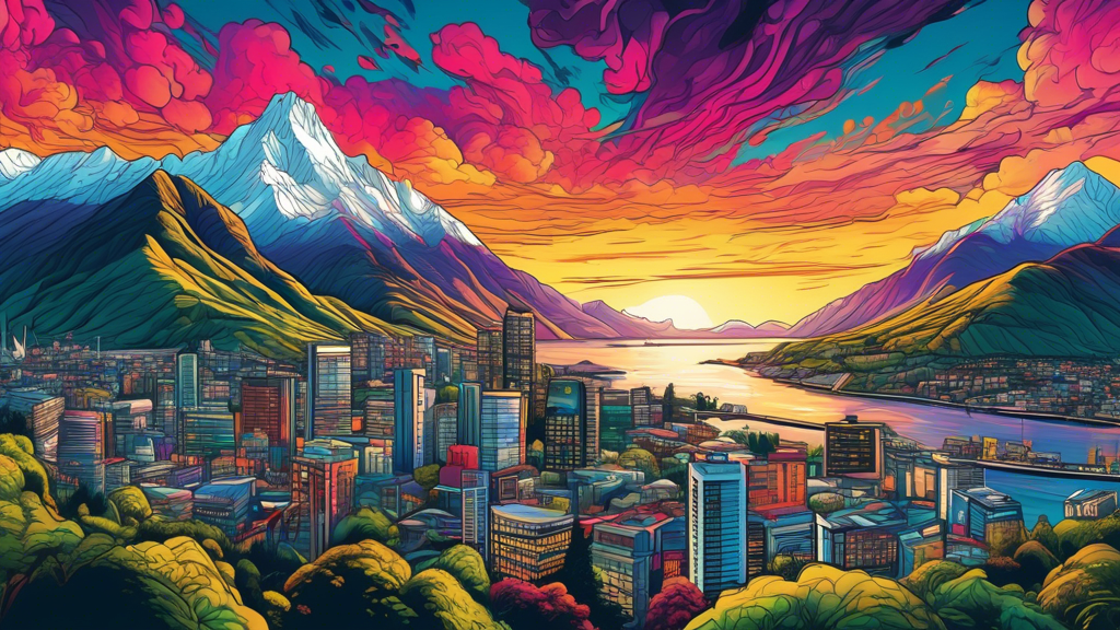 Create a detailed time-lapse digital illustration showing the transformation of New Zealand’s landscapes from ancient forest-covered mountains to modern-day cities with bustling urban life, showcasing
