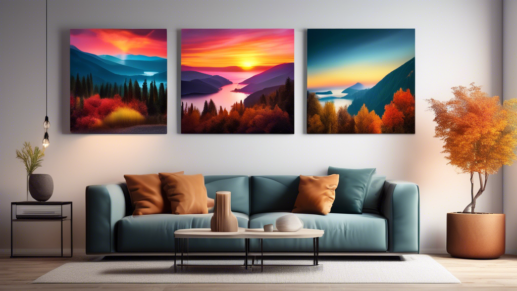 Stunning gallery display of vibrant landscape metal prints featuring a variety of scenes including a mountain sunset, a forest in autumn, and a beach at dawn, all shown in a modern home interior setti