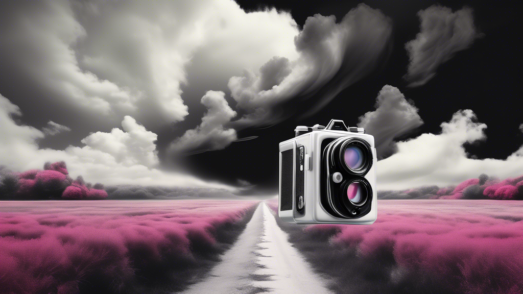 A surreal digital artwork depicting a half traditional film and half digital camera merging together over an ethereal landscape that transitions from a classic black and white scene to a vibrant, colo
