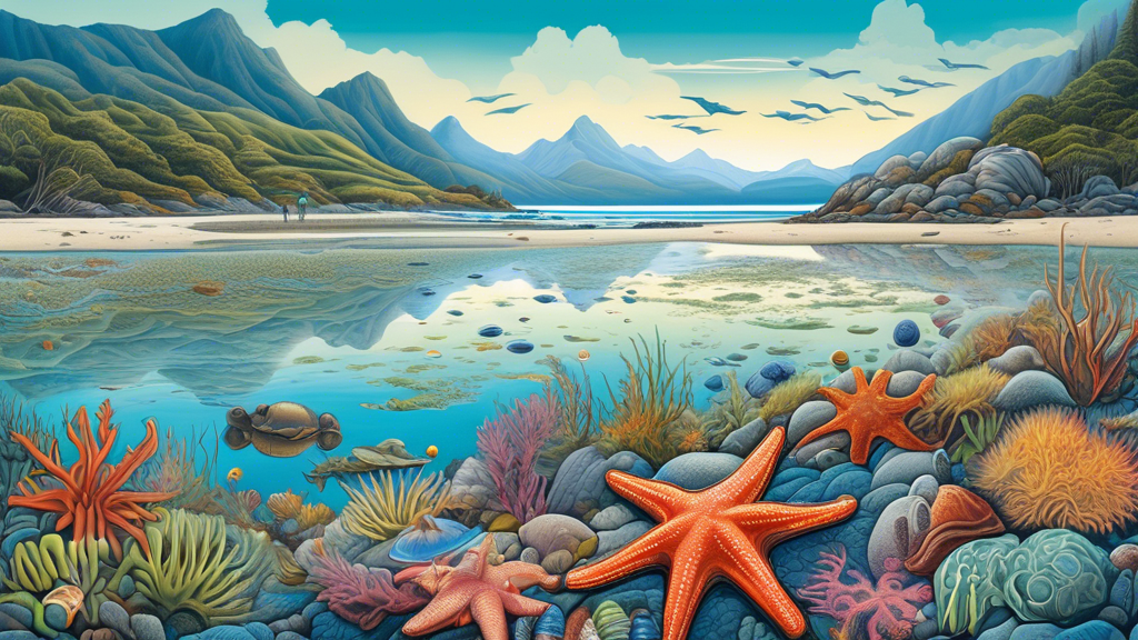 An artistically vibrant and detailed painting showcasing a serene New Zealand inter-tidal zone during low tide, highlighting diverse marine life such as starfish, crabs, and seaweed, with explorers ca