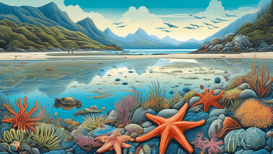 An artistically vibrant and detailed painting showcasing a serene New Zealand inter-tidal zone during low tide, highlighting diverse marine life such as starfish, crabs, and seaweed, with explorers ca