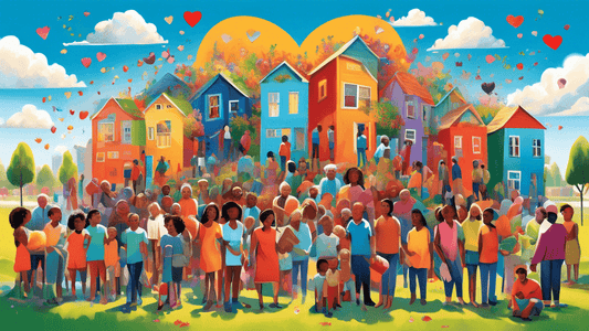 A vibrant digital painting depicting a diverse group of people of different ages and ethnicities collaboratively rebuilding a small, colorful community with new houses and gardens, under a bright blue