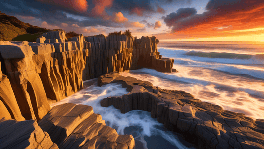 Stunning photograph of a sunrise illuminating the Pancake Rocks and Blowholes at Punakaiki on the West Coast of New Zealand, showcasing intricate limestone formations against a dynamic sky.