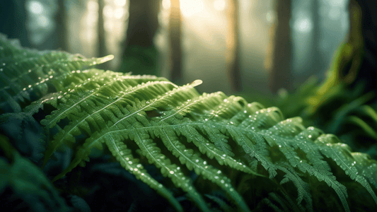 A close-up image of a dew-covered fern in a misty New Zealand forest at sunrise, showcasing intricate details and vibrant greens, with soft sunlight filtering through the trees in the background.