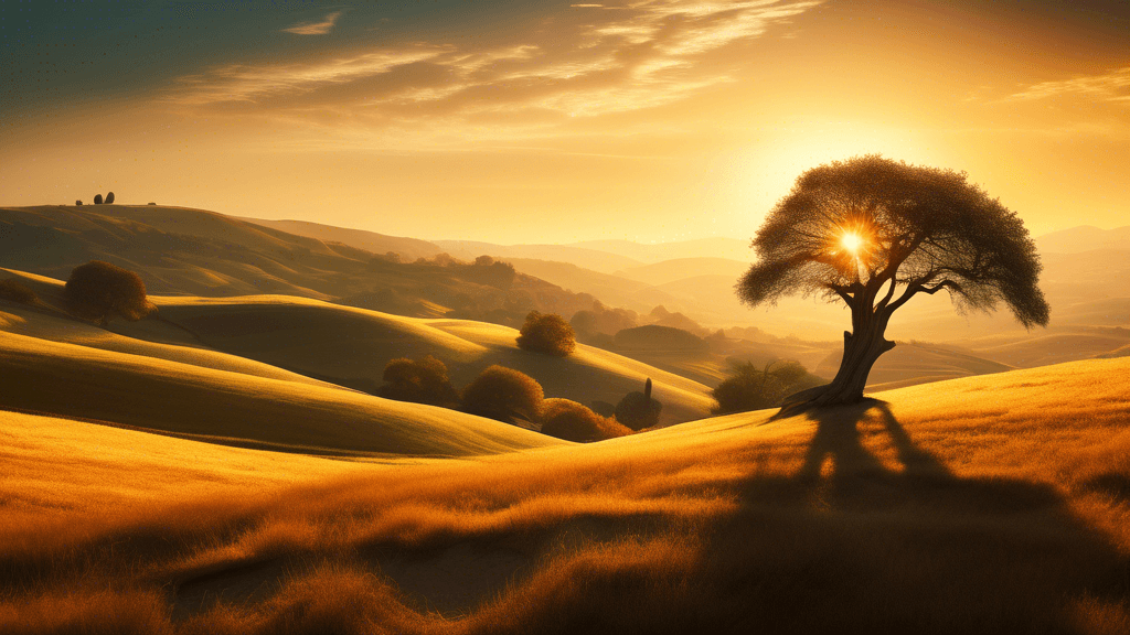 An enchanting landscape photograph showcasing the dramatic interplay of light and shadow during golden hour, emphasizing the rolling hills and a lone ancient tree, with the sun casting long, intricate