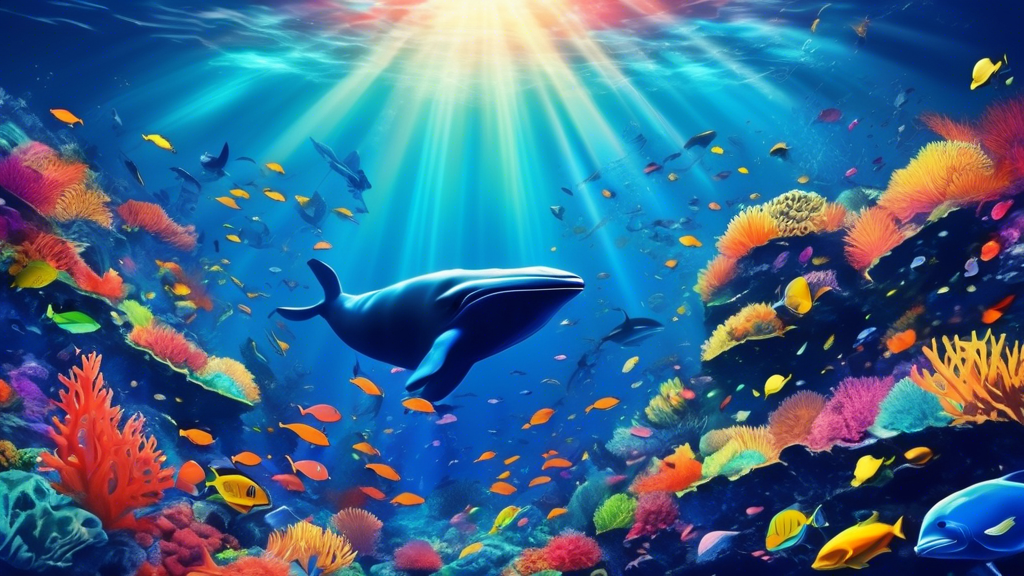 Underwater view of a vast, vibrant coral reef teeming with colorful fish, with a distant silhouette of a whale and rays of sunlight piercing through the deep blue ocean water.