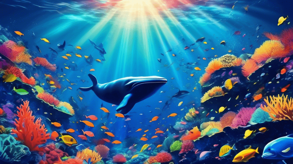 Underwater view of a vast, vibrant coral reef teeming with colorful fish, with a distant silhouette of a whale and rays of sunlight piercing through the deep blue ocean water.