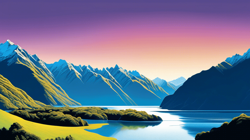 Vivid, ultra-high-resolution digital art of New Zealand's landscapes, showcasing the panoramic view of Fiordland National Park with detailed texture in the mountains, lush forests, and shimmering fjor