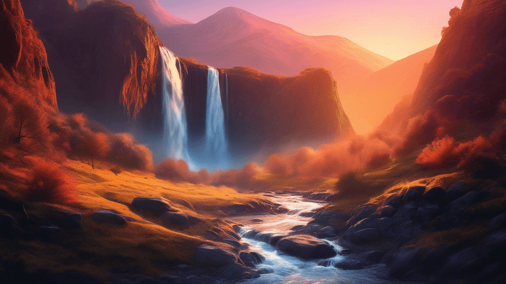 A serene valley bathed in sunrise light, with a contrasting scene of a roaring waterfall, capturing the dual themes of silence and sound in landscape photography.