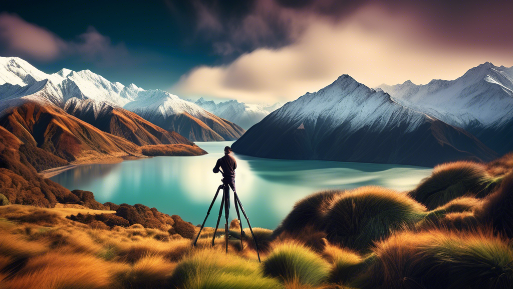 Stunning landscape of New Zealand's Southern Alps, transitioning from the lush greens of summer to the snowy whites of winter, with a professional photographer in foreground setting up a camera on a t