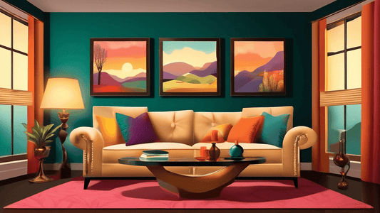 An upscale living room featuring plush furniture and elegant landscape wall art, with soft lighting and a cozy, stylish ambiance ideal for a home decor magazine cover.