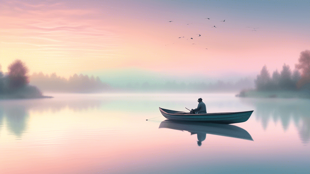 Peaceful sunrise over a serene lake, reflecting delicate pastel-colored skies, with a photographer on a small boat capturing the scene, surrounded by mist and gentle ripples on water, in a picturesque