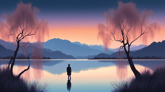 Create a serene and evocative image of a lone figure standing at the edge of a vast, mirror-like lake under a subtle twilight sky, surrounded by towering but distant mountains and overhanging willow t